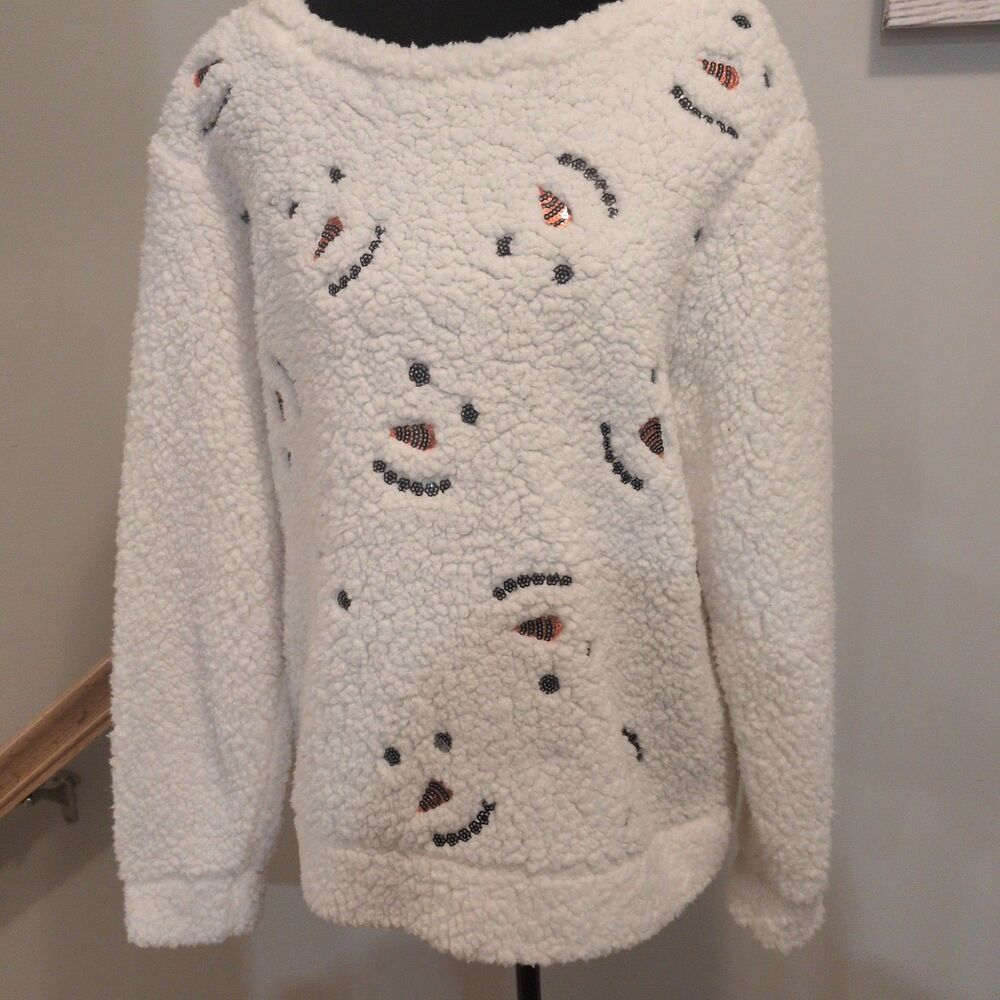 Chance or Fate Cozy White Sherpa Snowman Sequin Holiday Pullover Sweater XL